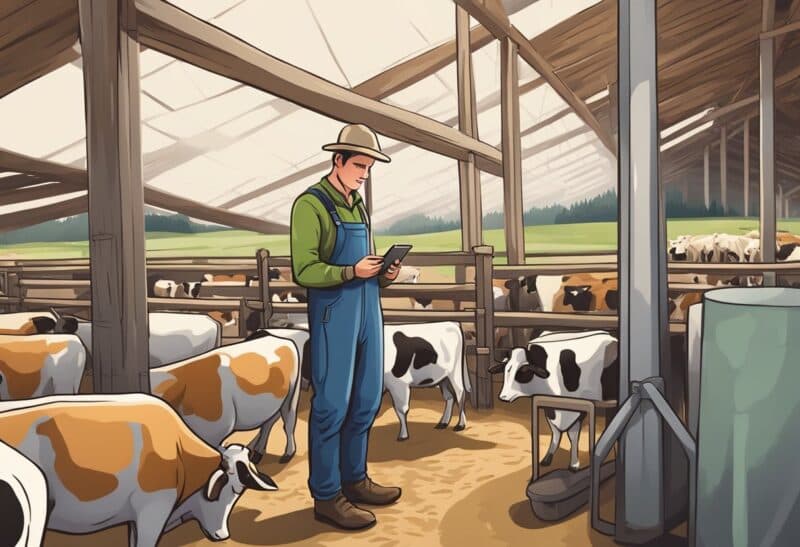 A farmer uses a smartphone to complete a survey in a barn surrounded by cows and dairy equipment