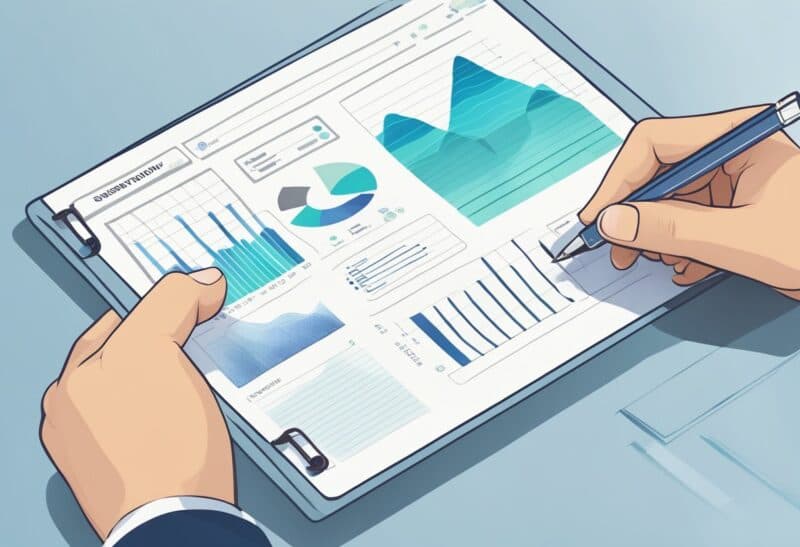 A hand holding a clipboard with survey questions, surrounded by pulsing waves and data visualizations