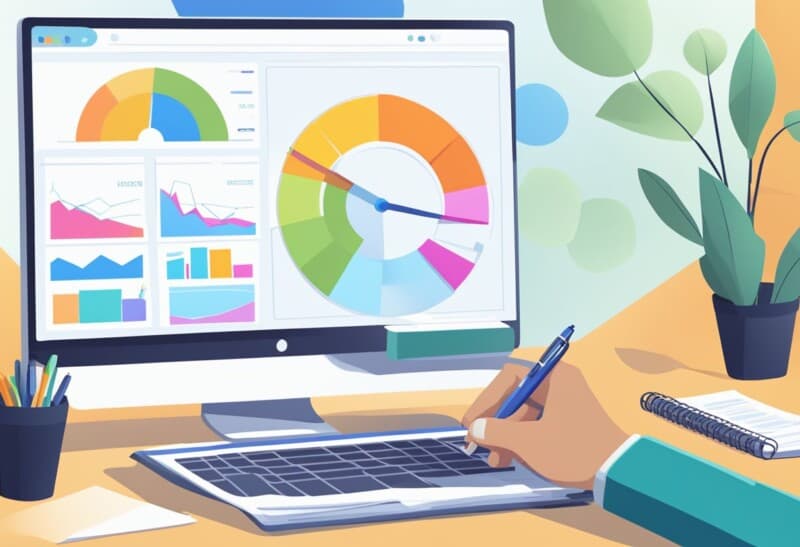 Modern workspace with vibrant data analysis charts, organized desk, and green potted plant.