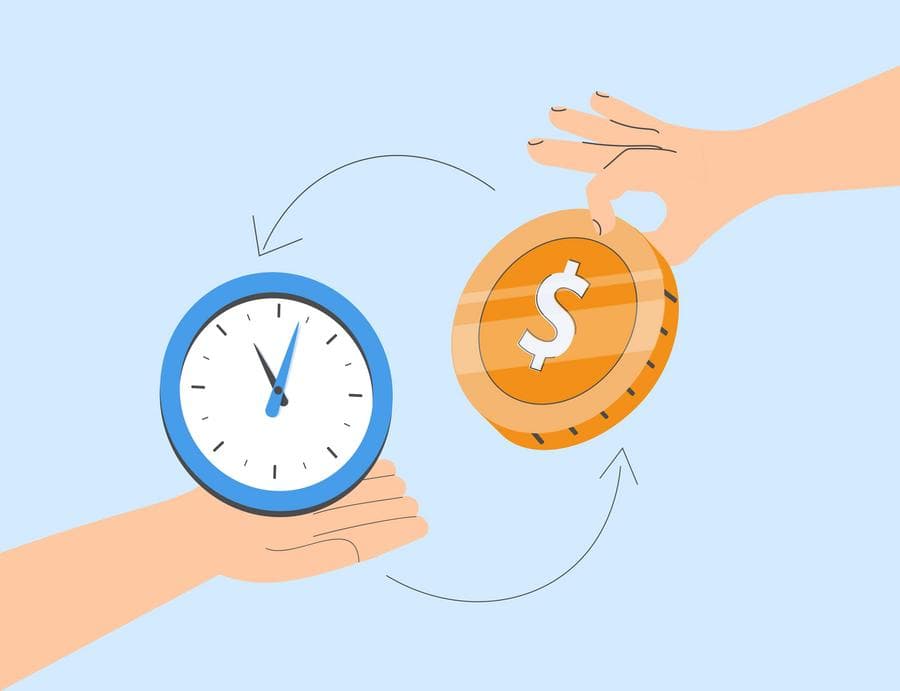 Time and money exchange with hands passing a clock and a golden coin