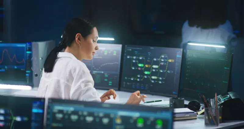 Woman surrounded with monitors showing blockchain network database