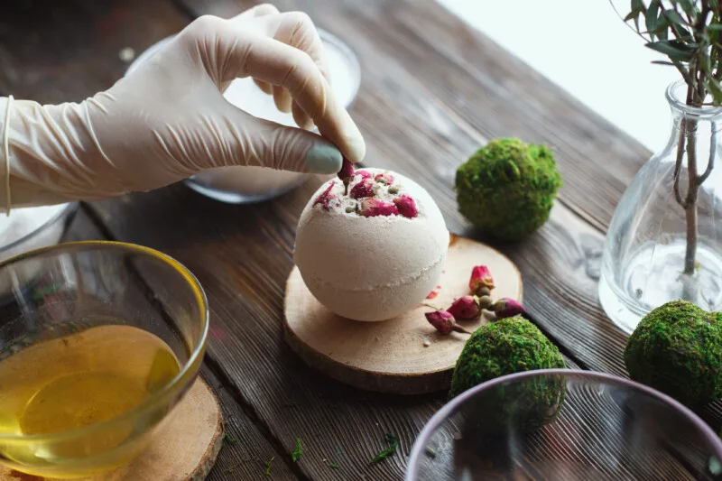 Preparation Of Bath Bombs. Ingredients And Floral Decor On A Wooden Vintage Table