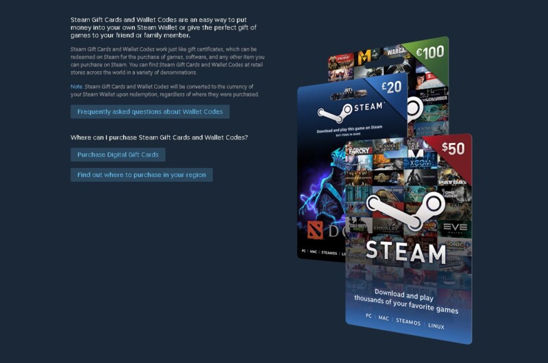 Steam gift cards and Wallet Codes