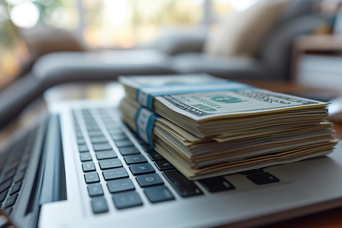 Stack of US dollar bills on a laptop keyboard