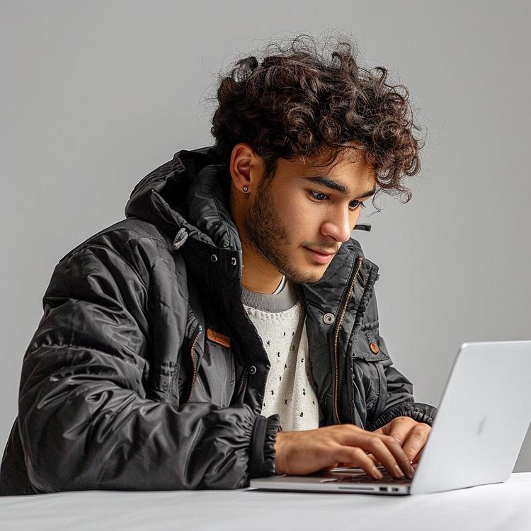 Young man in winter jacket using laptop intently, stylish tech-user engaged in digital activity.